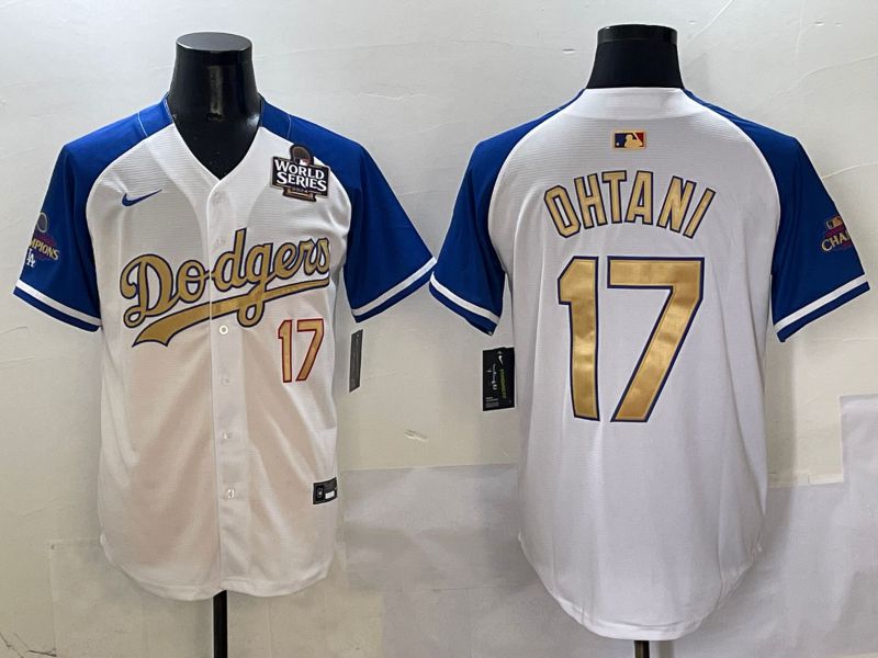 Men Los Angeles Dodgers #17 Ohtani White Blue Gold Game 2025 Nike MLB Jersey style 3->los angeles dodgers->MLB Jersey